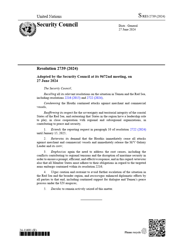 UN Security Council Resolution 2739 (2024) | PDF