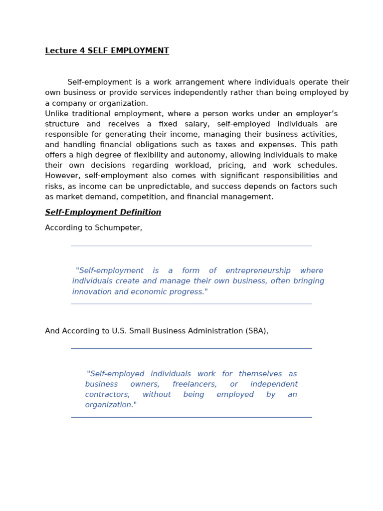 Week 4 Topic Self Employment | PDF | Franchising | Entrepreneurship