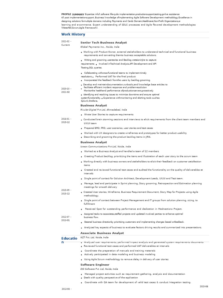 Senior Tech Business Analyst Profile | PDF | Software Development ...
