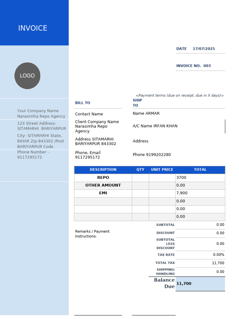 Invoice for Narasimha Repo Agency | PDF | Invoice