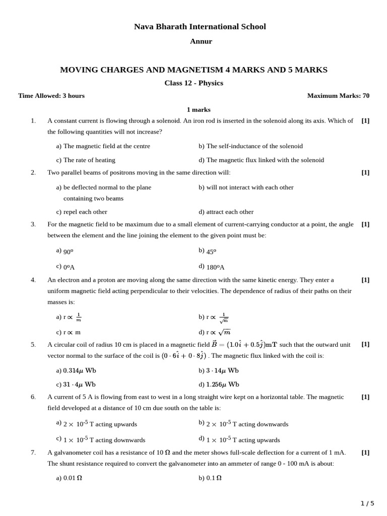 Class 12 Physics: Magnetism Exam Questions | PDF | Magnetic Field ...