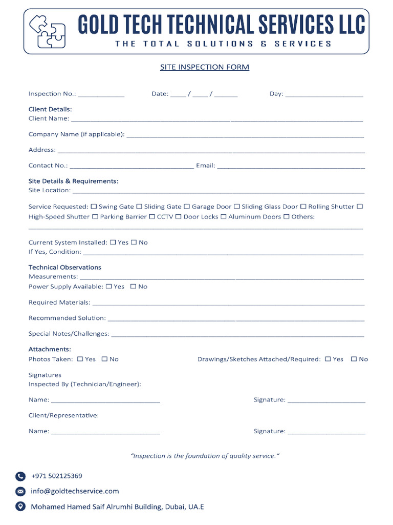 Site Inspection Form Goldtech | PDF