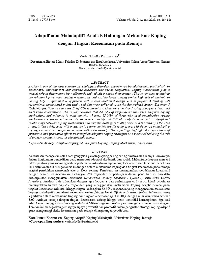 Hubungan Mekanisme Koping dan Kecemasan Remaja | PDF