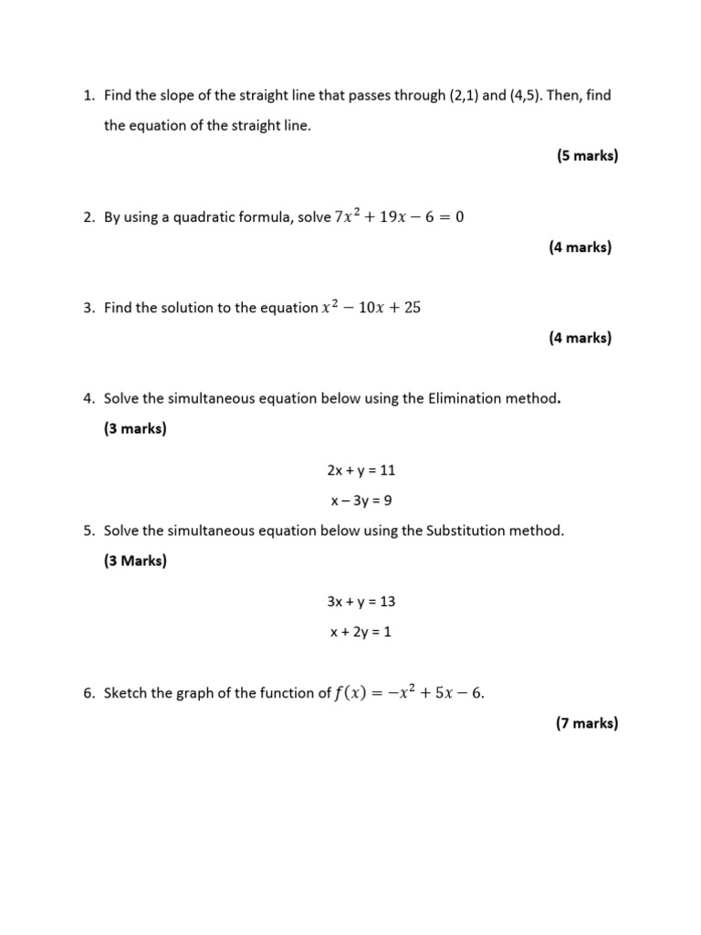 Math Problems: Lines, Quadratics, Graphs | PDF