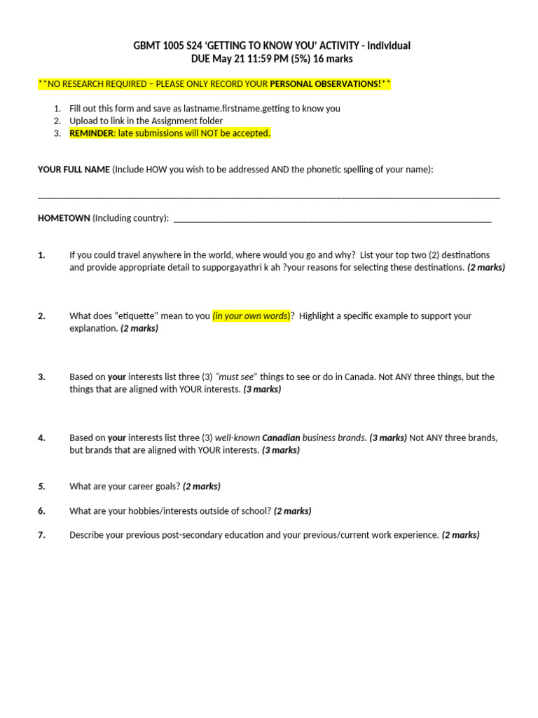 GBMT 1005 S24 Getting To Know You | PDF