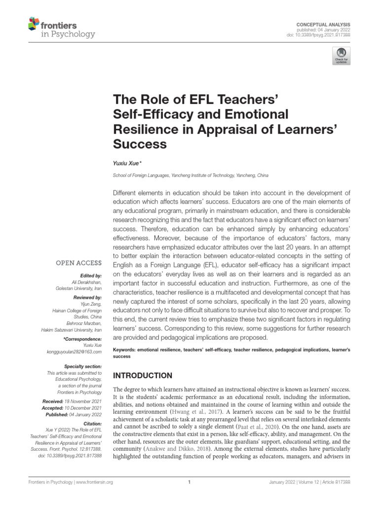 The Role of EFL Teachers' Self-Efficacy and Emotional Resilience in ...