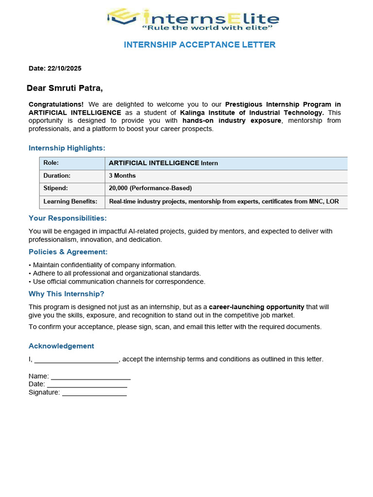 Internship Acceptance for AI Role | PDF
