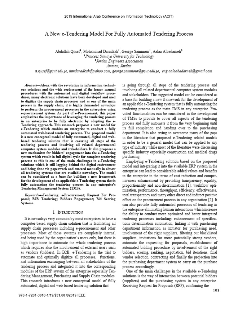 Qusef Et Al. - 2019 - A New E-Tendering Model For Fully Automated ...