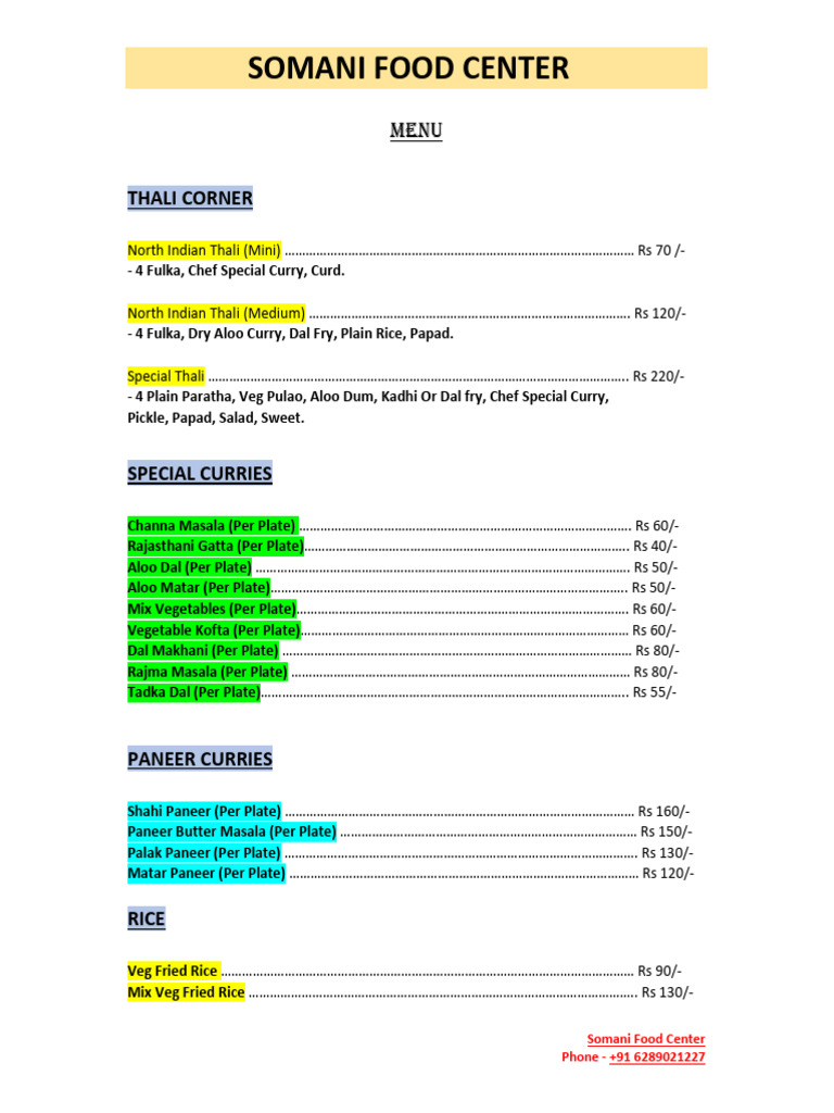 Somani Food Center Menu Overview | PDF | Indian Cuisine | Foods