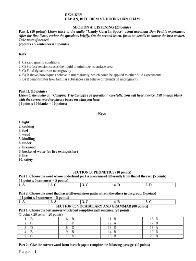 Listening and Grammar Test Answers | PDF | Weightlessness | Linguistics