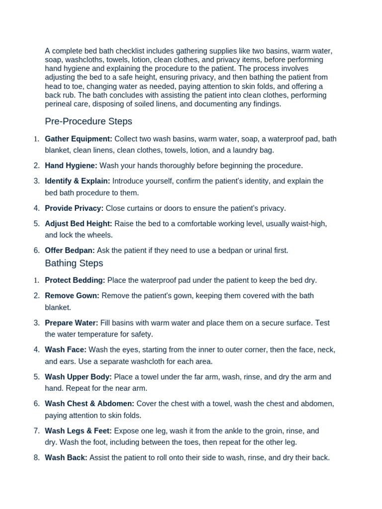 Essential Bed Bath Procedure Checklist | PDF | Wound | Medical Specialties