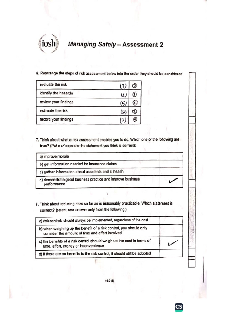 IOSH Managing Safely Assessment 1 Answers | PDF | Risk | Occupational ...