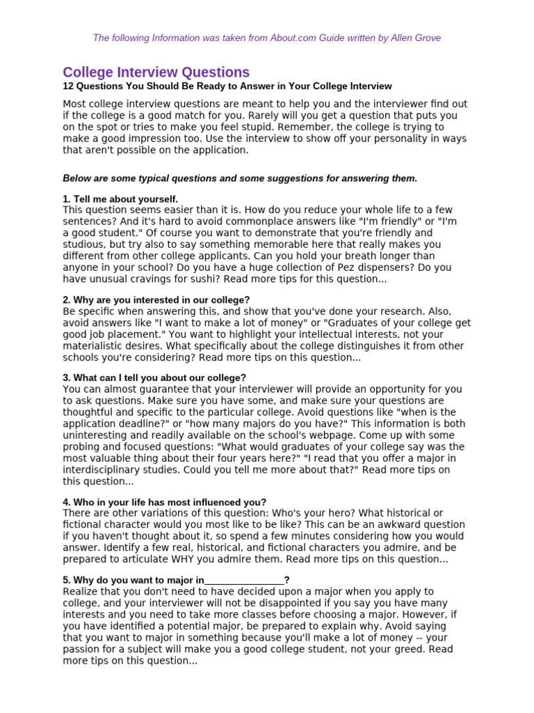 Essential College Interview Questions | PDF