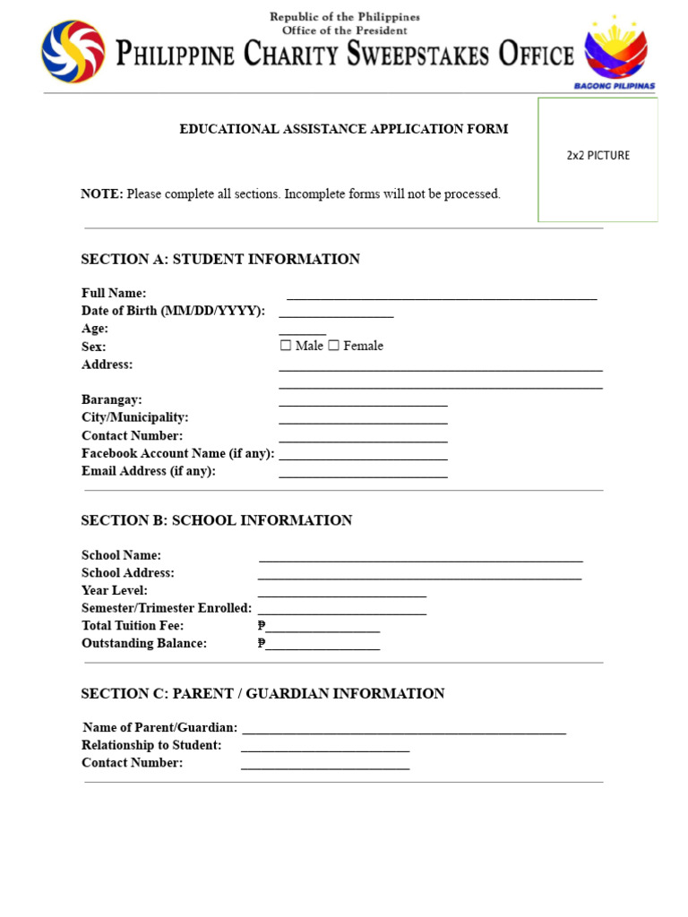 PCSO Educational Assistance Application | PDF
