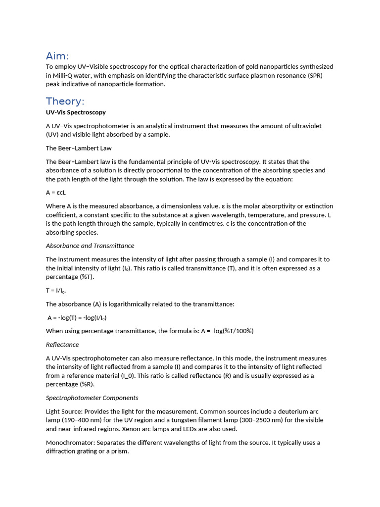 UV-Vis Spectroscopy of Gold Nanoparticles | PDF | Ultraviolet–Visible ...