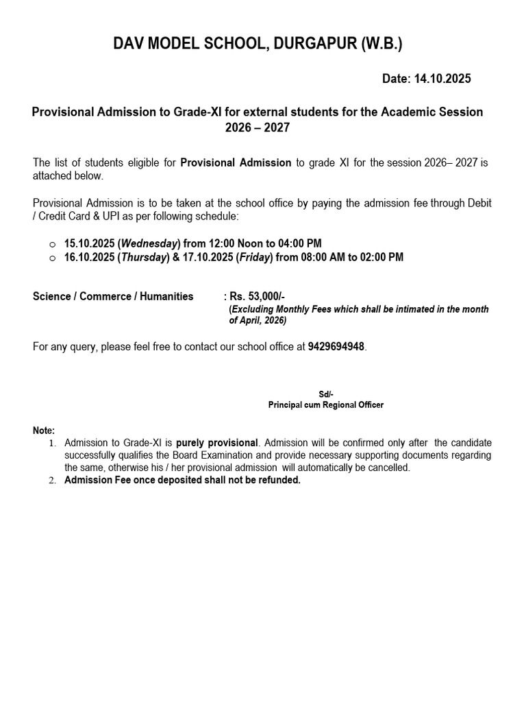 WNH Notice XI Provisional Admission Session 26 27 Ext | PDF