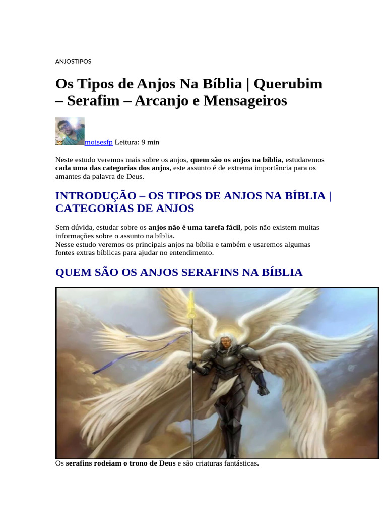 Tipos de Anjos na Bíblia e Suas Funções | PDF | Anjo | Arcanjo