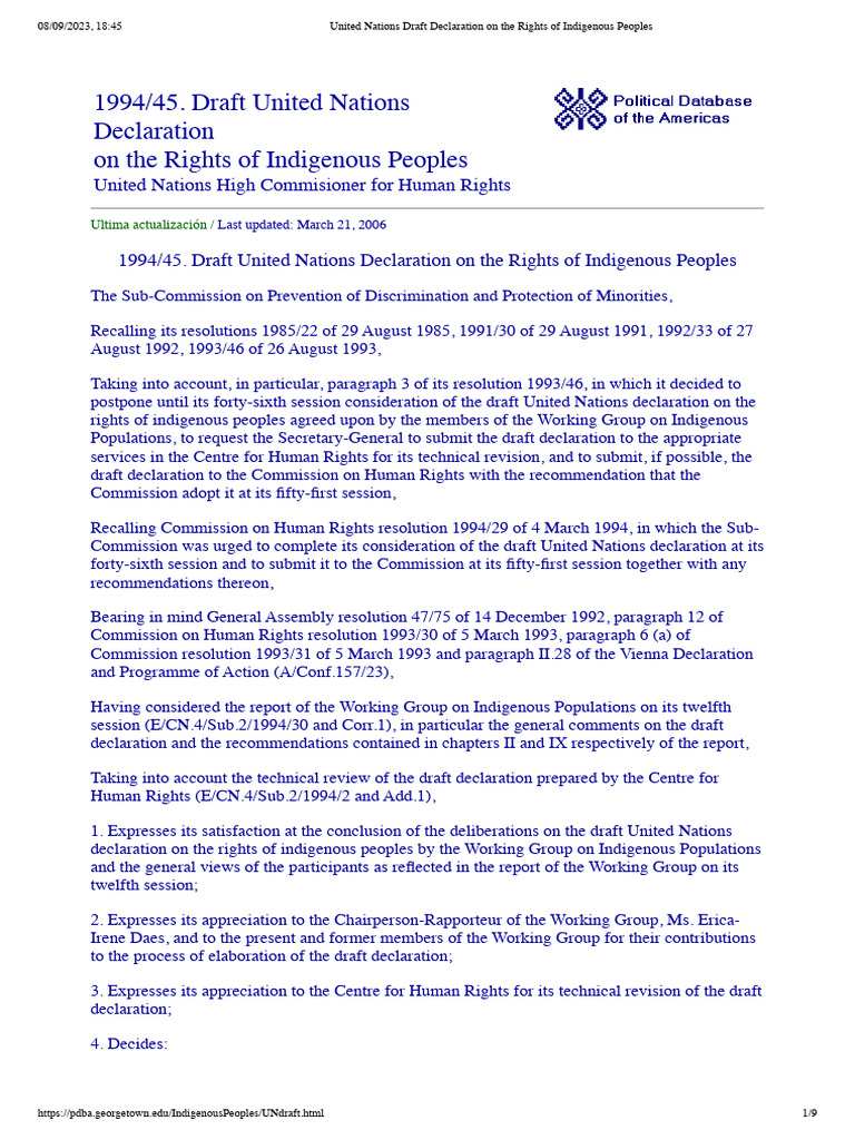 United Nations Draft Declaration On The Rights of Indigenous Peoples ...
