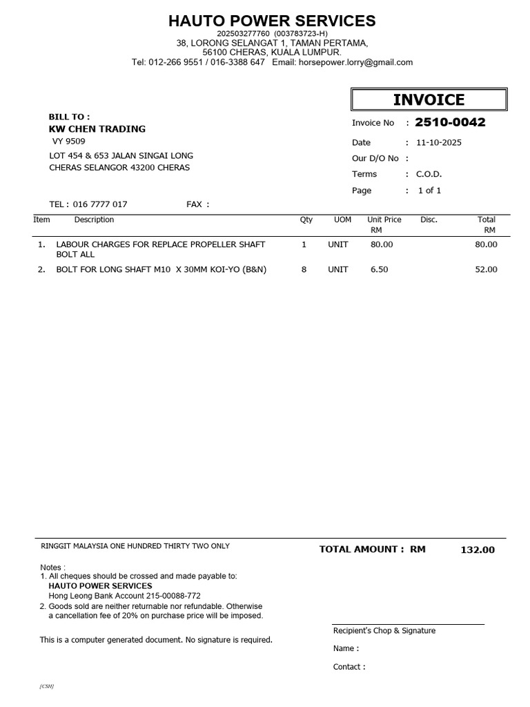Invoice for Propeller Shaft Services | PDF