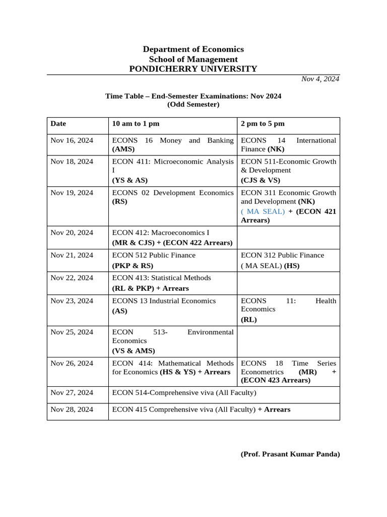 Exam Time Table - Odd Sem2024 - Nov 24 With Changes | PDF