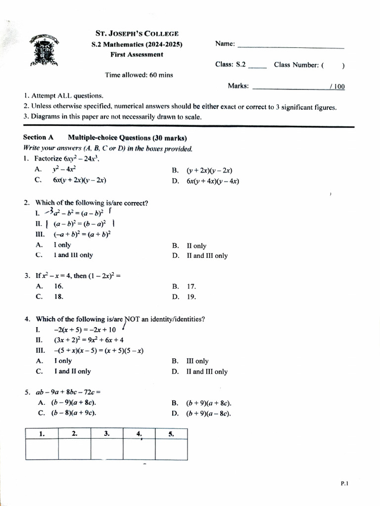 S.2 Mathematics Assessment 2024 | PDF | Mathematics