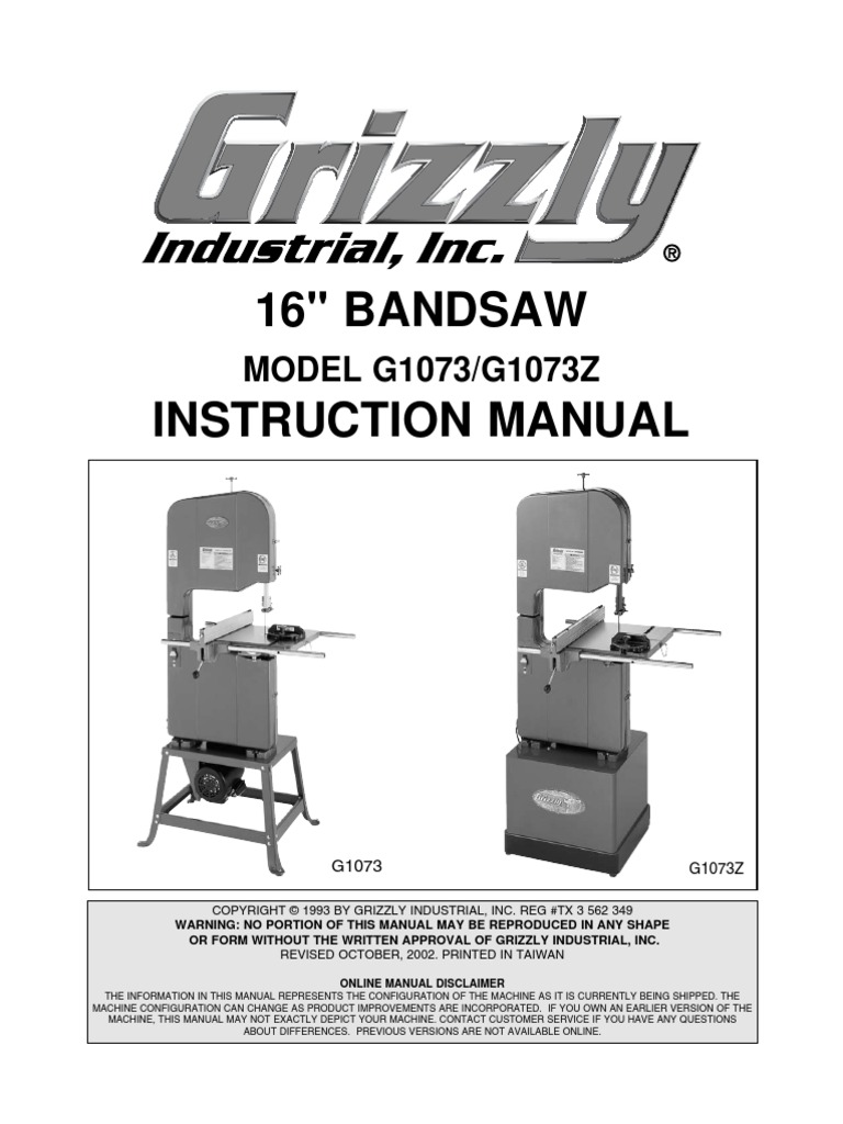 16'' BANDSAW Instruction Manual MODEL G1073/G1073Z PDF Electrical