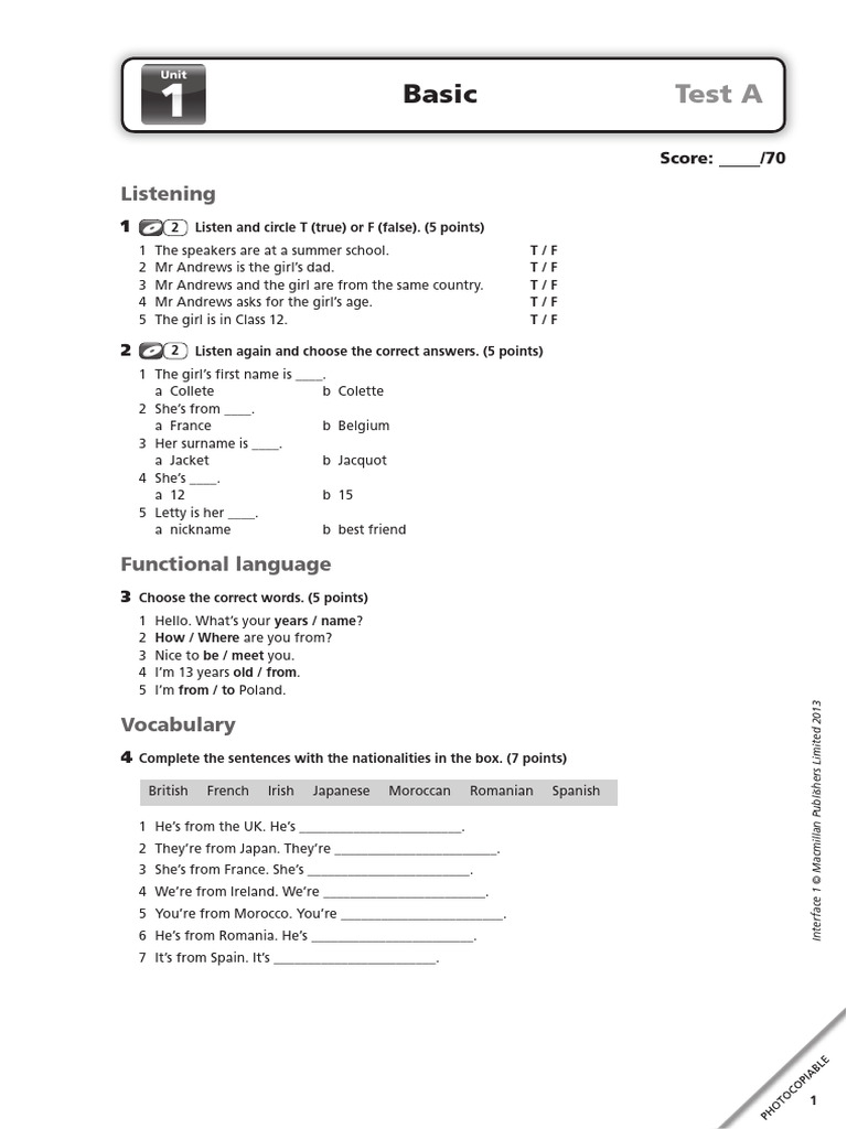 Basic English Test A: Listening & Grammar | PDF | Linguistics