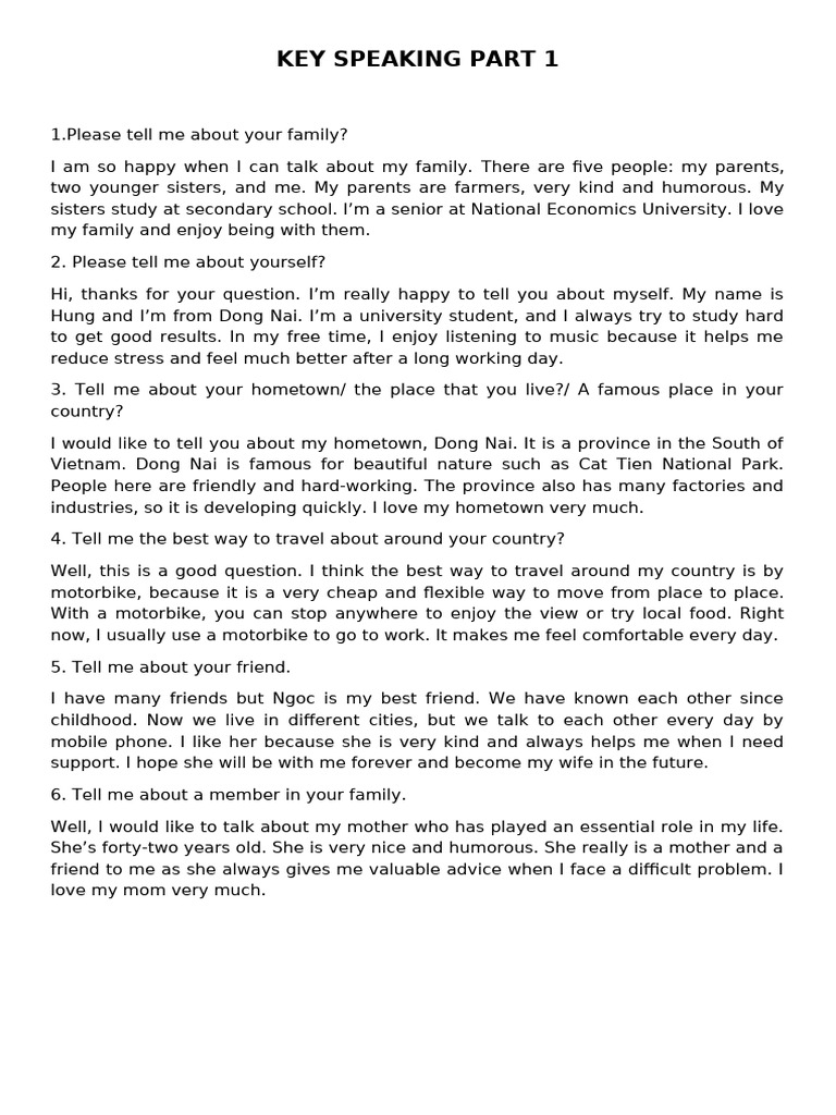 Key Speaking Part 1 | PDF