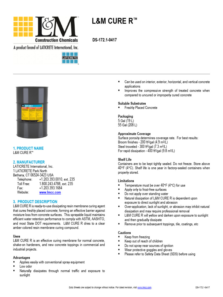 L&M CURE R™: Concrete Curing Agent | PDF | Concrete | Shelf Life