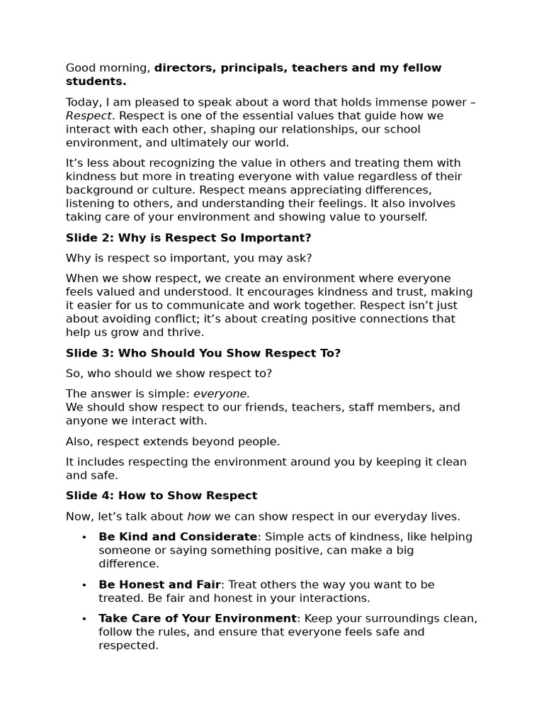 Respect Presentation Script | PDF | Social Psychology | Psychological ...