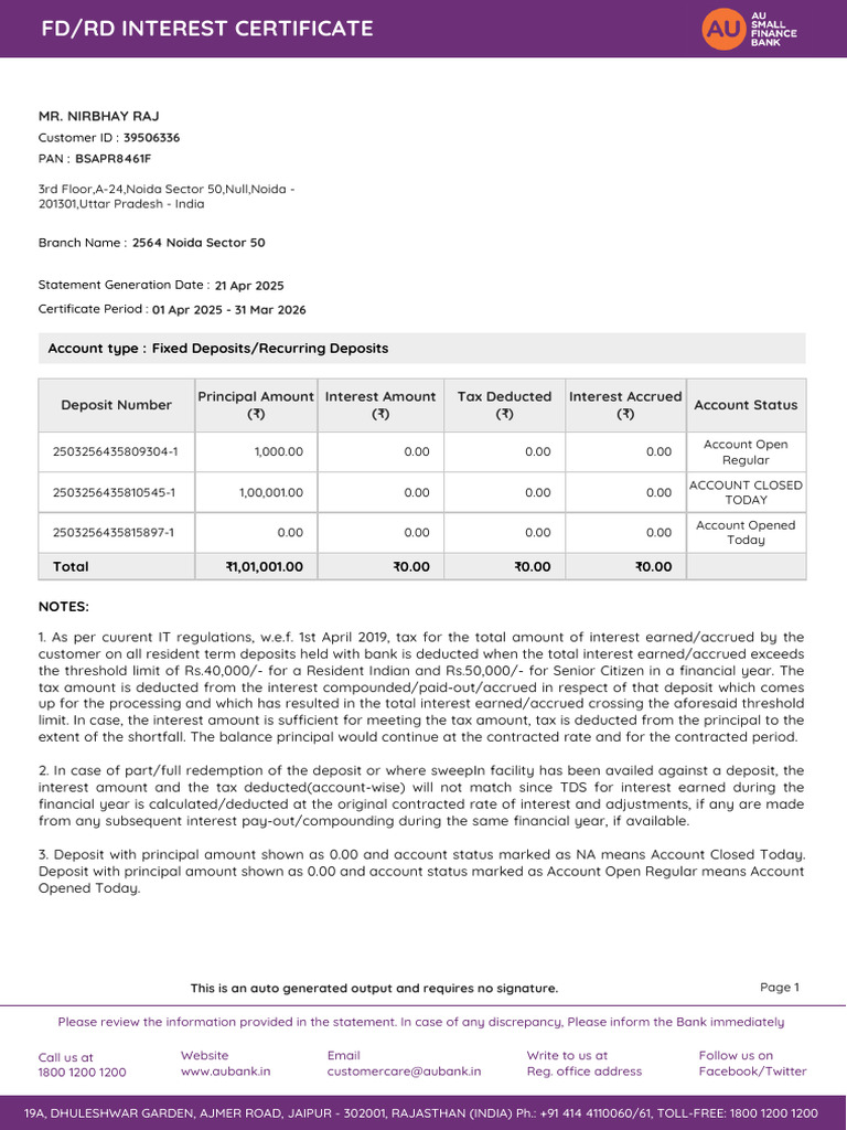 FD/RD Interest Certificate Summary | PDF | Taxes | Personal Finance