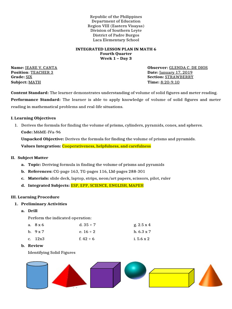 Math 6 Integrated Lesson Plan: Volume | PDF | Volume | Length