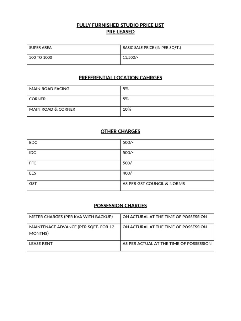 Studio Price List and Payment Plans | PDF | Contract Law | Business Law