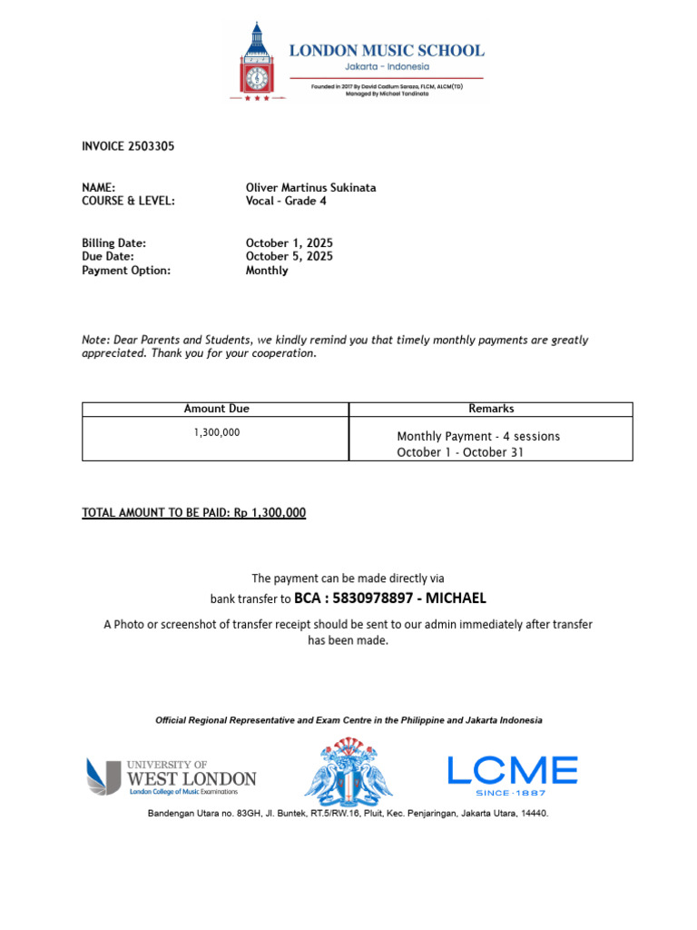 Invoice for Vocal Course Payment | PDF