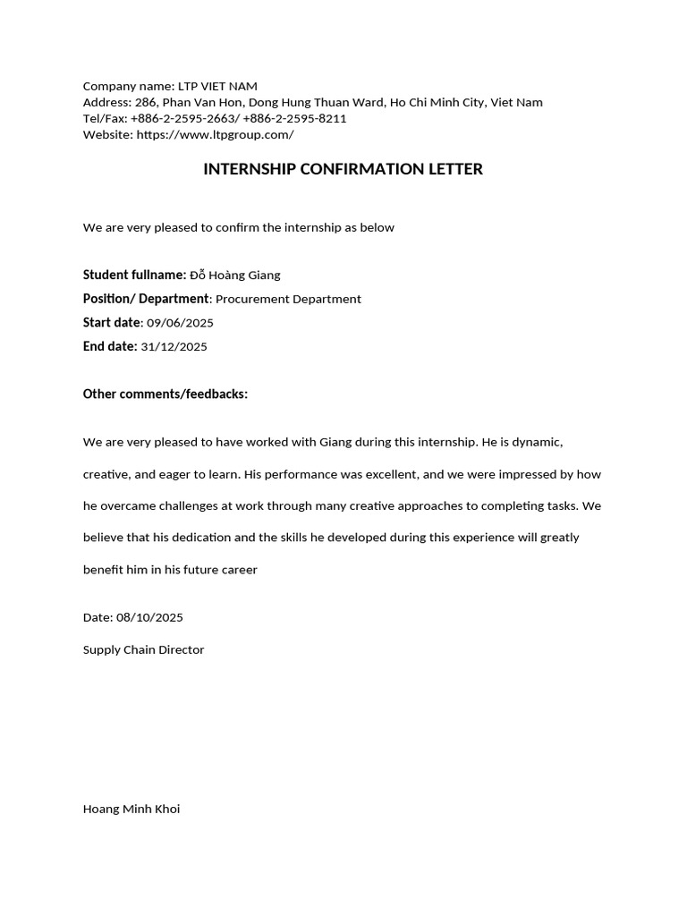 Internship Confirmation for Đỗ Hoàng Giang | PDF