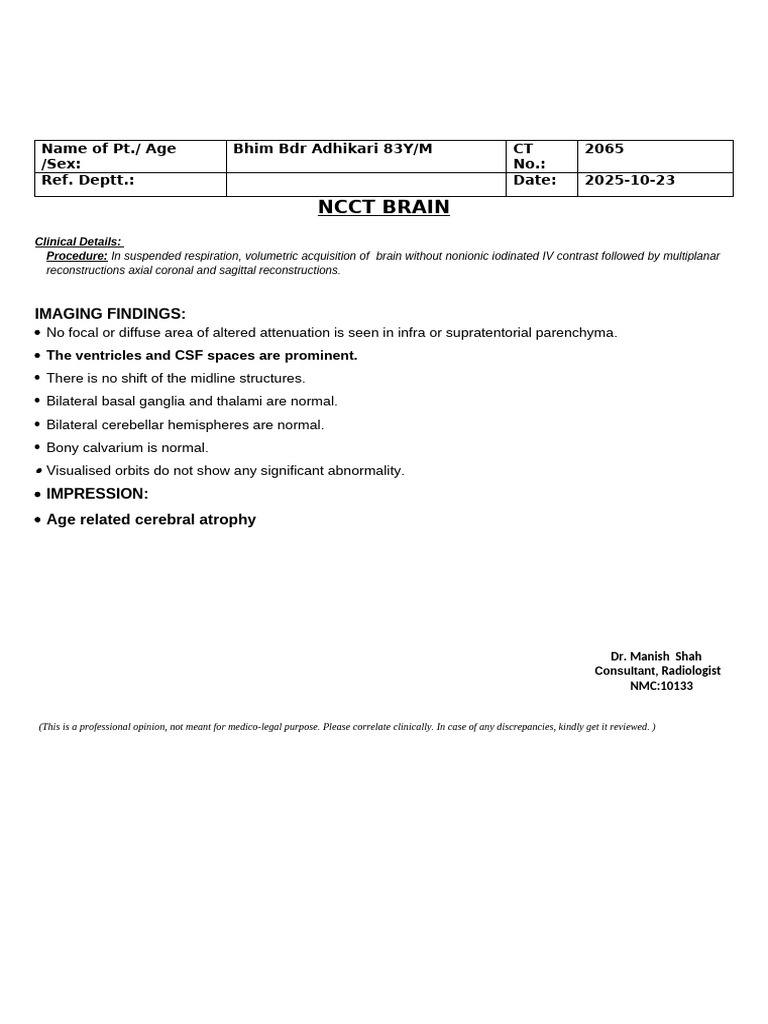 NCCT Brain Imaging Report Summary | PDF
