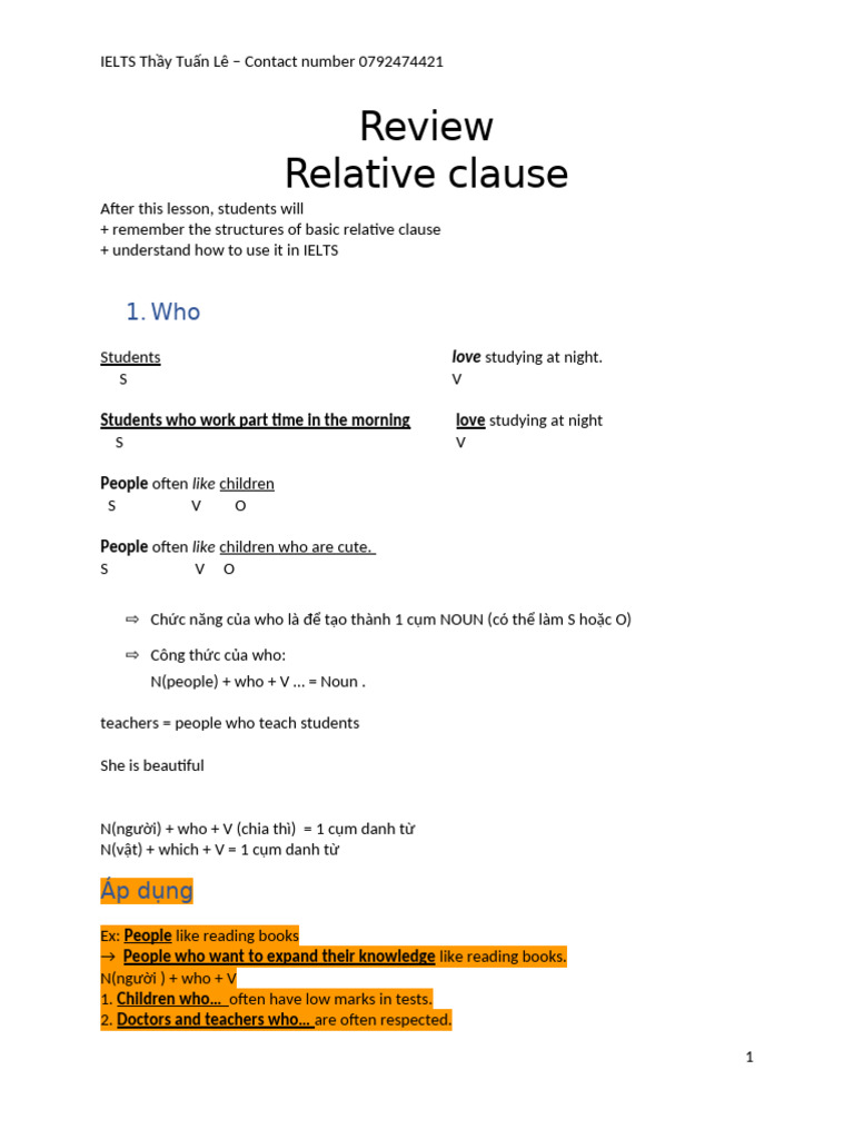 Lesson 1A Review Relative Clause | PDF