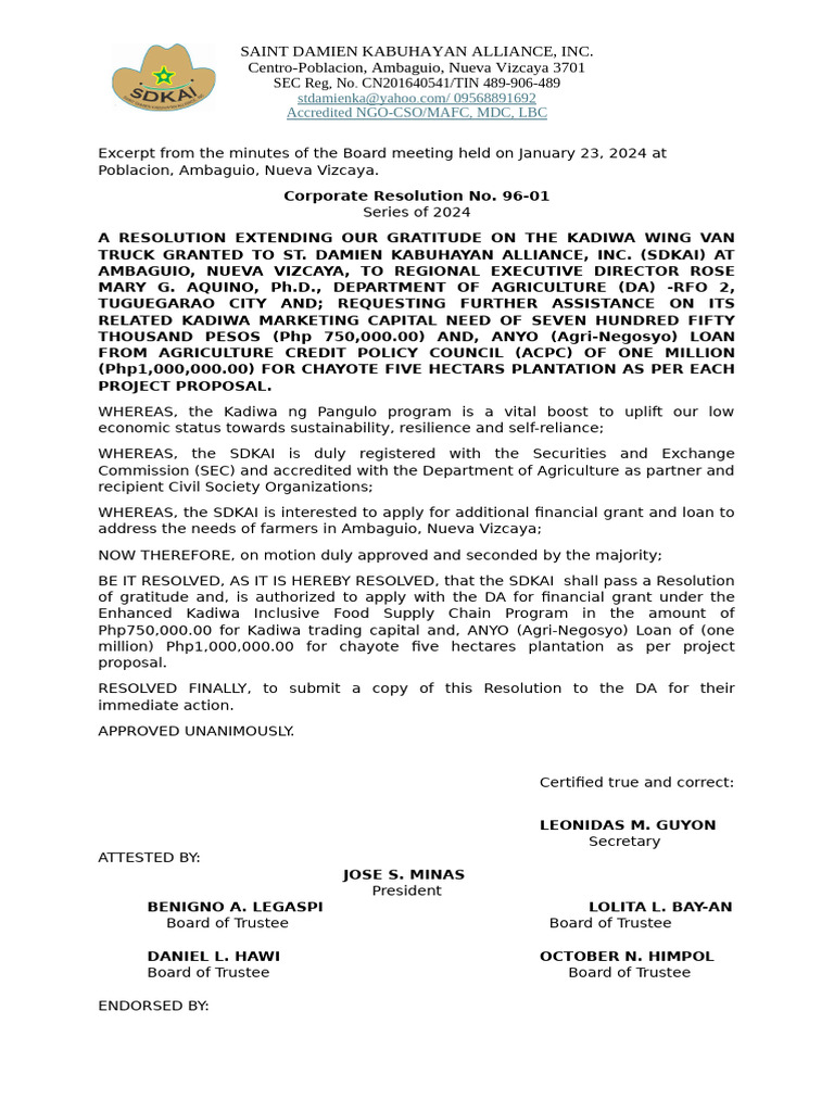 SDKAI Resolution for Kadiwa Funding | PDF | Philippines