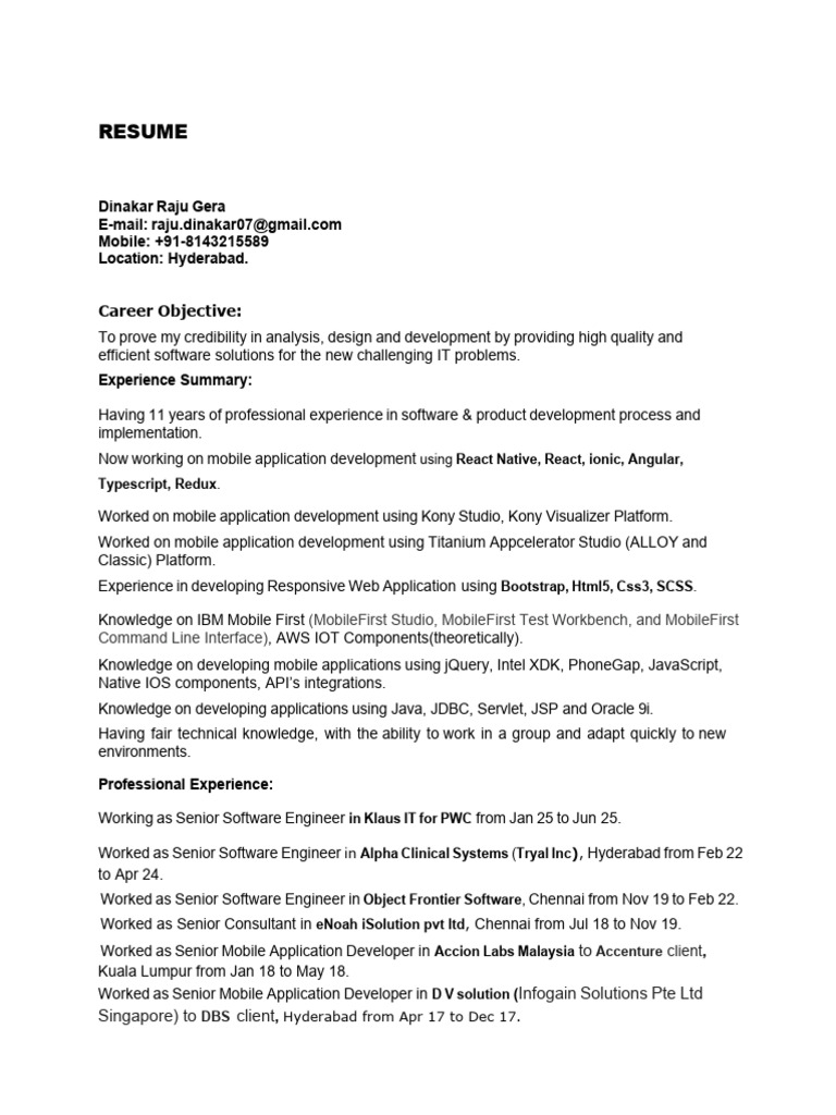 Senior Mobile Developer Resume | PDF | Java Script | Mobile App