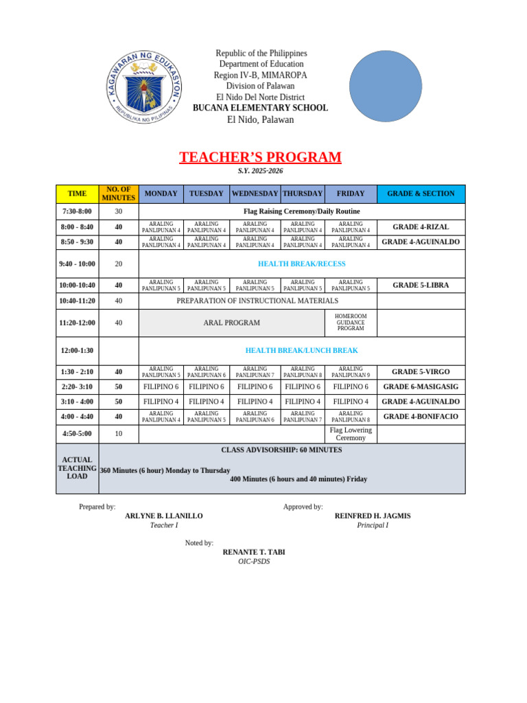 Class Program 25 26 GradeS 4 To 6 | PDF | Philippines | Teachers