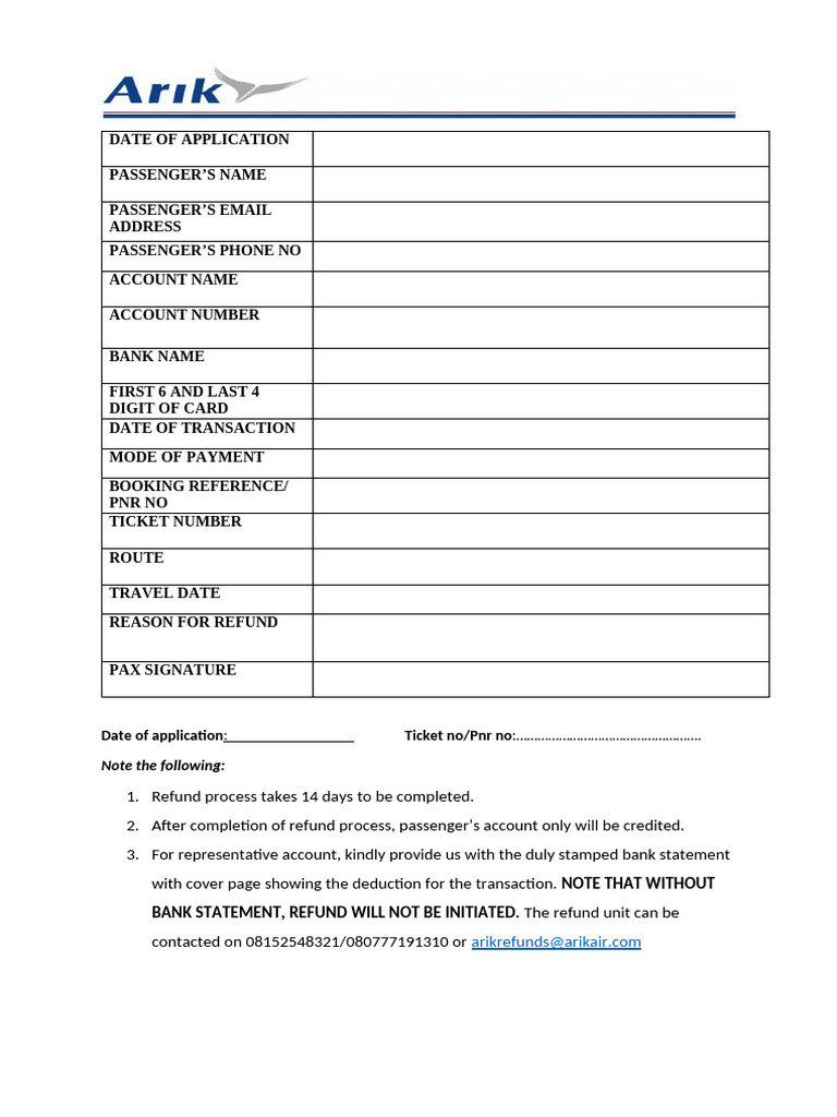 Passenger Refund Application Form | PDF