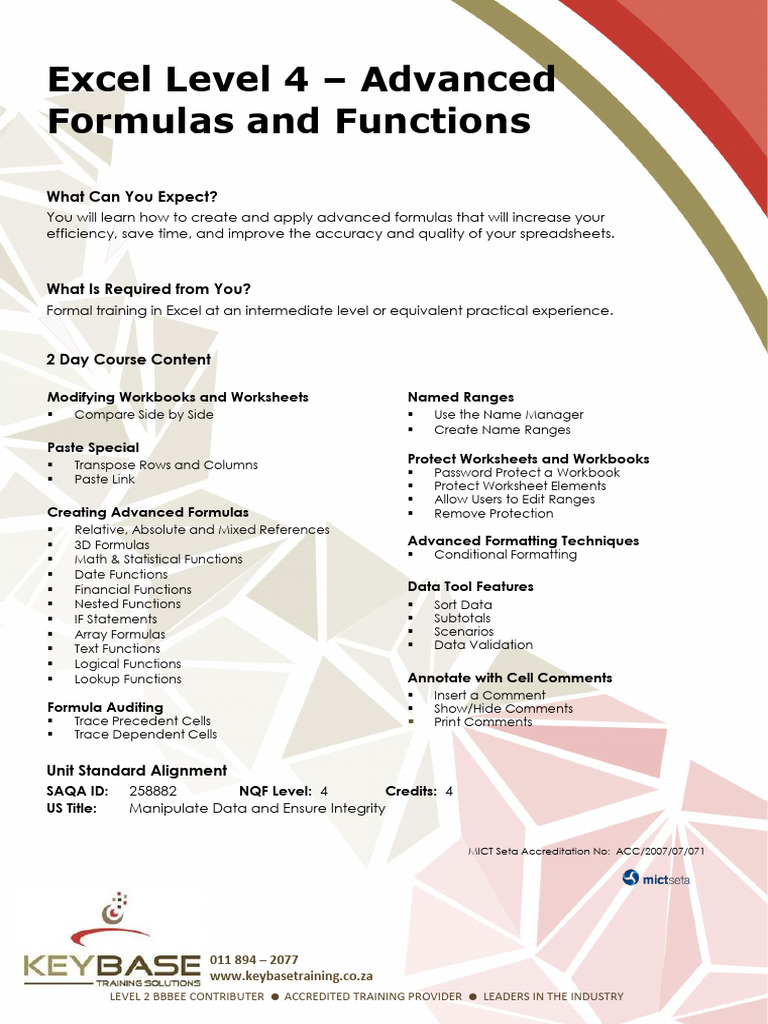 Excel Level 4 Advanced Formulas and Functions - US 258882 | PDF ...