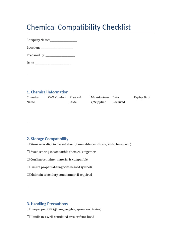 Chemical Compatibility Safety Checklist | PDF
