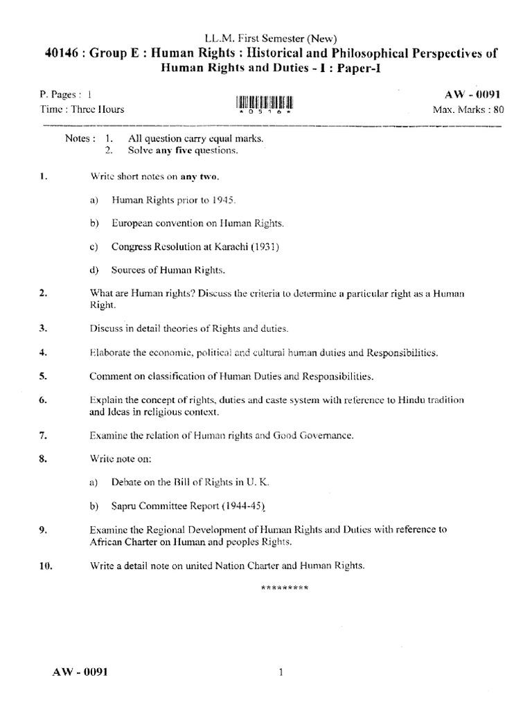 LLM 1 Sem Human Righths Paper 1 S 2019 | PDF