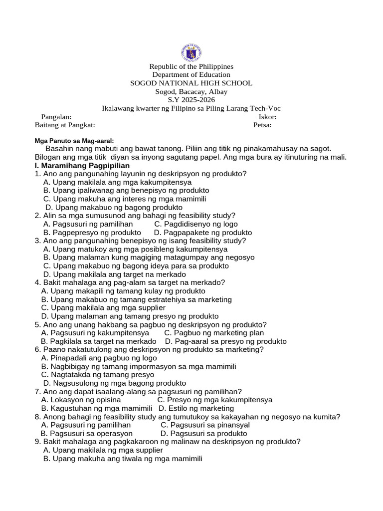 Summative - Test - Filipino Sa Piling Larang Tech-Voc (Autorecovered) | PDF