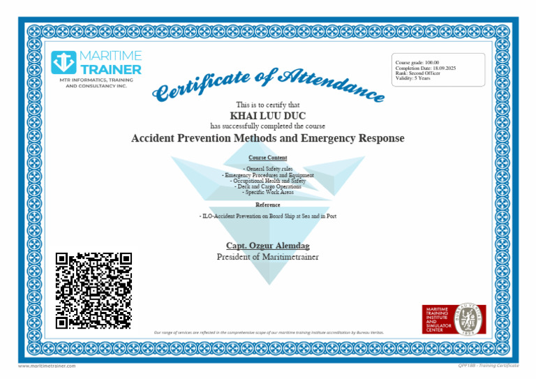 Accident Prevention Methods and Emergency Response-Certificate of ...