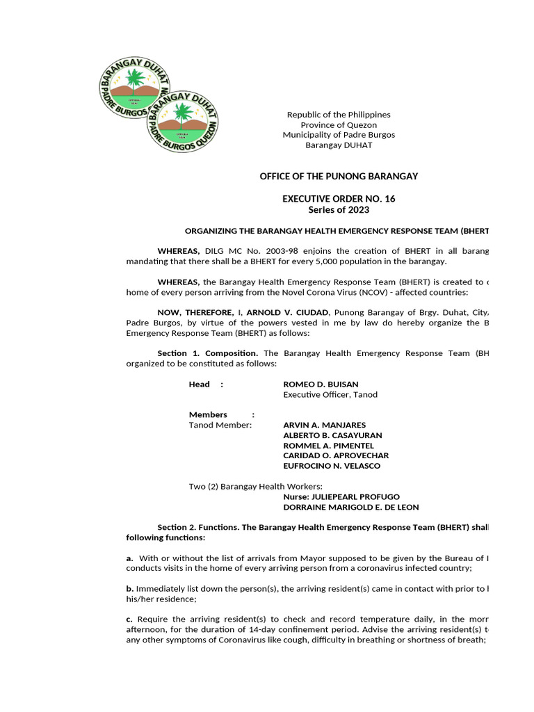 Organizing Barangay Health Emergency Team | PDF