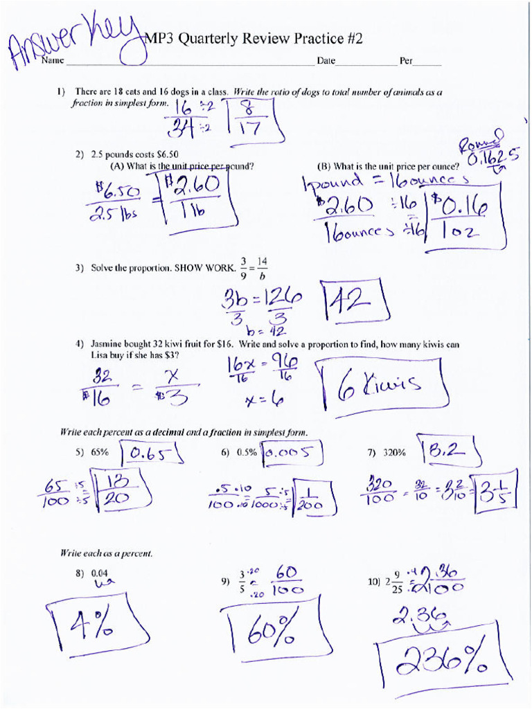 MP3 Quarterly Review Worksheet Math6 2 ANSWER KEY | PDF