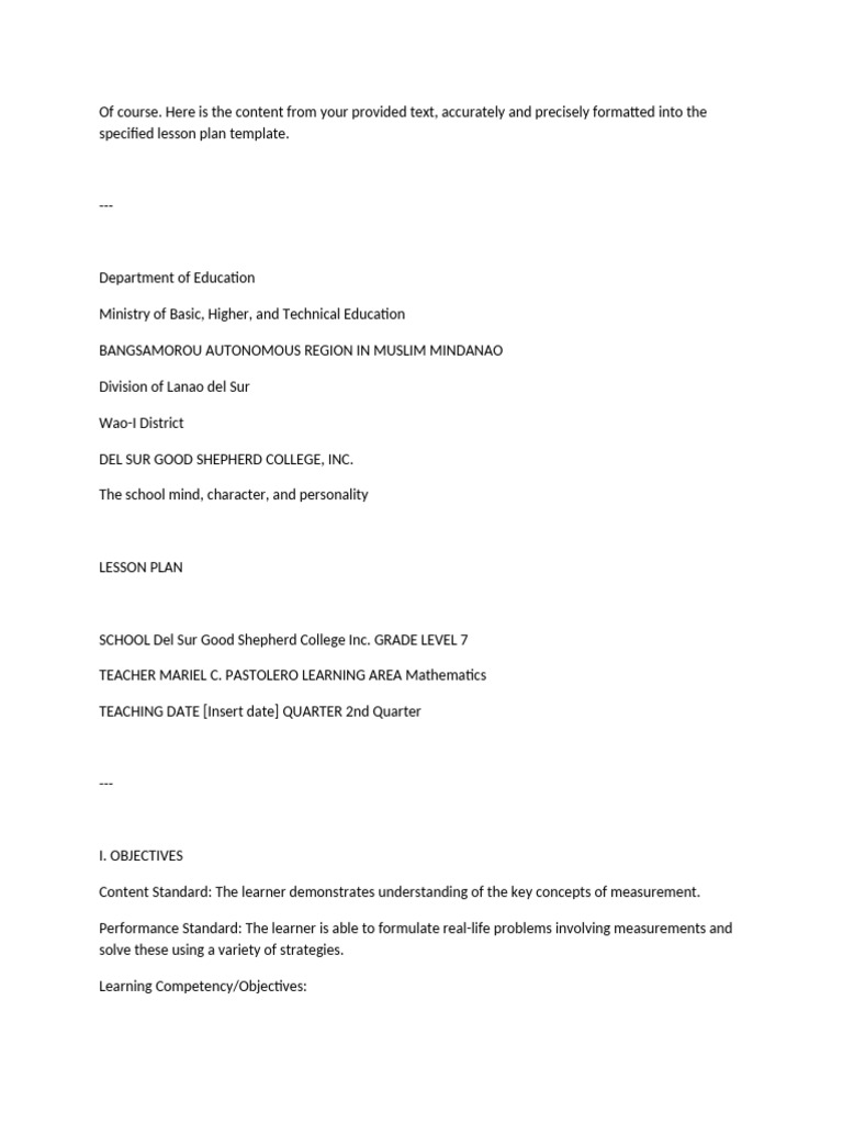 Grade 7 Mathematics Measurement Lesson Plan | PDF | Lesson Plan | Learning