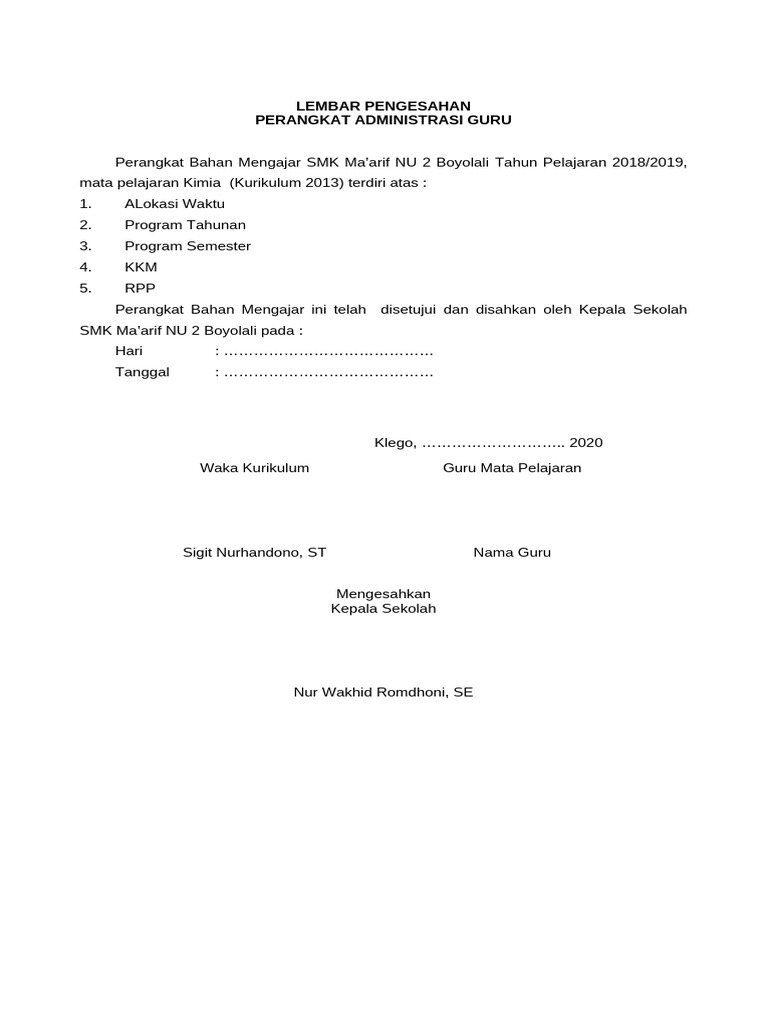 Lembar Pengesahan SMK | PDF